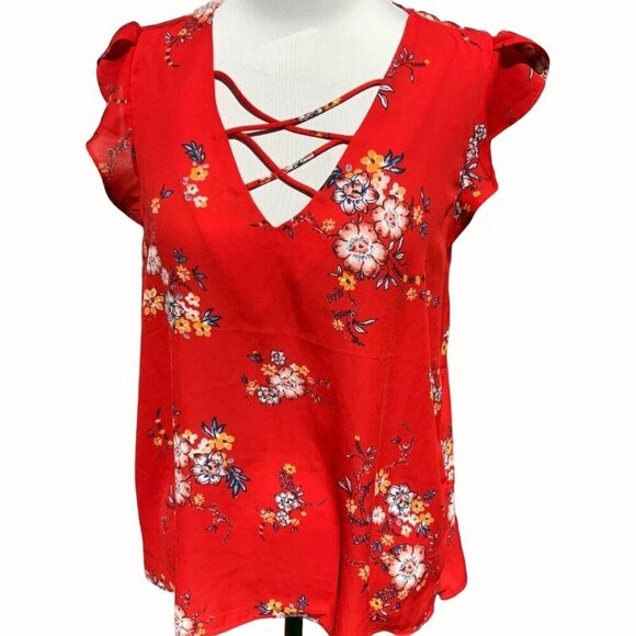 Crescent & Willough red vneck short cap sleeve lightweight floral blouse NEW XL - Picture 1 of 7